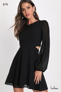 Get swept off your feet in the Lulus Garden Bliss Black Long Sleeve Cutout Mini Dress! Elegant chiffon shapes this cute dress featuring a scoop neckline, long balloon sleeves (with elasticized cuffs), and a darted bodice. High, fitted waist tops a mini skater skirt while a flirty back cutout adds a little something extra that's sure to turn heads. Exposed silver zipper at back, plus hidden side zipper/clasp. Fit: This garment fits true to size. Length: Mid-thigh. Size medium measures 32.5" from Dresses Lulus, Cutout Mini Dress, Mini Skater Skirt, Black Garden, Lulu Fashion, Mini Skater Dress, Long Balloons, Rose Dress, Lulu Dresses