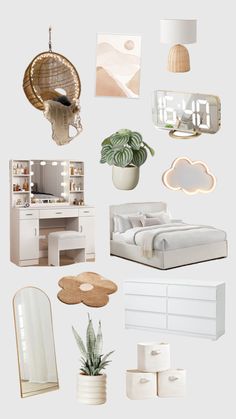 a collage of white furniture and accessories including a bed, desk, mirror, plant, clock, lamp, toilet paper holder