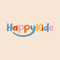 the words happykid written in colorful letters on a pink background with an orange and blue