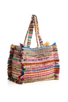 a multicolored tote bag on a white background