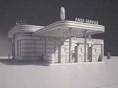 Dystopian Room, Old General Stores, Commercial Design Exterior, Model Cars Building, Big Doors, Neon Noir, Oil Service, Streamline Moderne, Petrol Station