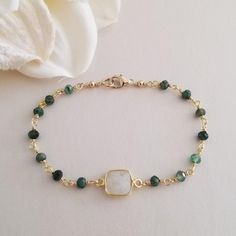 Emerald and Moonstone Bracelet, Dainty Beaded Gemstone Bracelet Tiny Gemstone Jewelry, Bead And Chain Bracelet, Square Beads Bracelet, Faceted Beads Bracelet, Bezel Set Jewelry, Dainty Diy Jewelry, Dainty Gemstone Bracelets, Natural Stone Bracelet Ideas, Dainty Beaded Bracelets