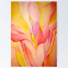 an abstract painting of pink and yellow flowers