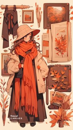 a woman wearing an orange scarf and hat standing in front of some autumn themed items