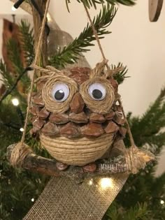 an ornament hanging from a christmas tree decorated with pine cones and googly eyes