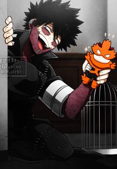 an anime character holding a bird in his hand next to a cage with a cat on it