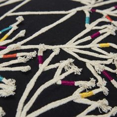 an embroidered piece of cloth with various colored threads and beads on black background, closeup