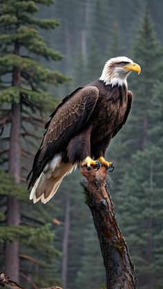 an eagle perched on top of a tree branch in the woods with pine trees behind it