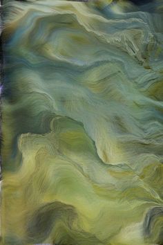 an abstract painting in shades of green and yellow