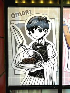 a drawing of a boy holding a knife and plate with food in front of him