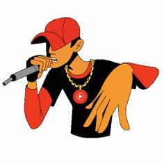 an animated man singing into a microphone with his hand on the microphone and wearing a red cap