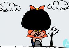 a drawing of a person sitting on the ground in front of a tree with clouds