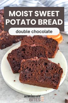 chocolate brownies on a plate with text overlay that reads, moist sweet potato bread double chocolate