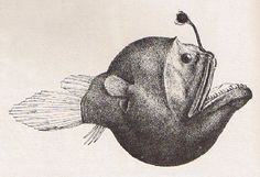 a black and white drawing of a fish with its head turned to the side, it's mouth open