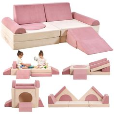 the children are playing with their toys on the pink couches and sofas set