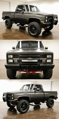 four different views of the front and rear sides of a gray pickup truck with black tires