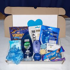 an open box with various items in it