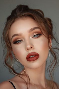 Christmas Party Makeup Over 40, Simple Copper Eye Makeup, Rust Color Makeup, Copper Glam Makeup, Pageant Glam Makeup, Winter Wedding Guest Makeup, Christmas Party Make Up, Red Dress Makeup Looks Classy, Gold Glam Makeup Looks