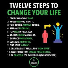 a poster with the words twelve steps to change your life