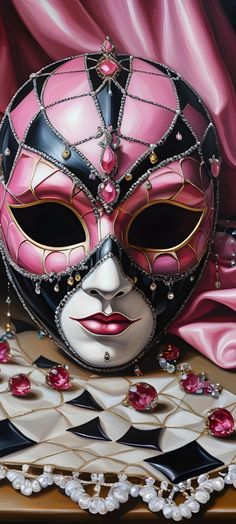 a painting of a pink mask with jewels and pearls on it's face, sitting on a table