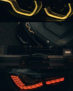 the tail lights of a car are shown in two different images, one is black and yellow