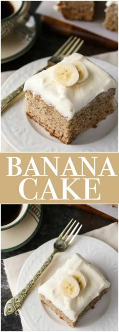 banana cake with cream cheese frosting and sliced bananas in the middle on white plates