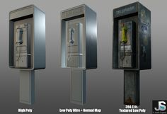 three different types of public telephones in various styles and sizes, all with their doors open