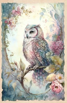 an owl sitting on top of a tree branch surrounded by flowers and leaves, with the moon in the background