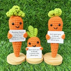 three crocheted carrots are holding signs