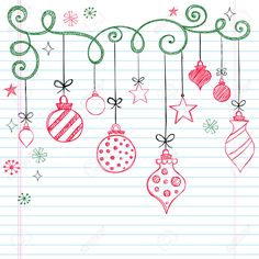 christmas ornaments hanging from a line with lined paper in the background stock photo - image