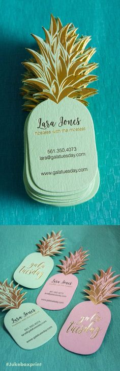 business cards with pineapples on them and gold foiled paper in the middle