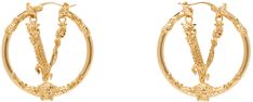 Pair of hoop earrings in gold-tone brass. · Logo charm at face · Medusa hardware at drop · Hinged-post fastening · D2.5 Supplier color: Light gold Classic Gold Jewelry With Brass Hardware, Gold-tone Hoop Earrings For Formal Occasions, Gold-tone Round Earrings, Gold-tone Hoop Earrings, Small Brass Hoop Earrings For Formal Occasions, Formal Gold-tone Hoop Jewelry, Formal Brass Hoop Earrings, Formal Gold-tone Hoop Earrings, Gold-tone Small Hoop Earrings