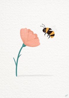 a bee flying over a pink flower on top of a white wall with watercolor paint