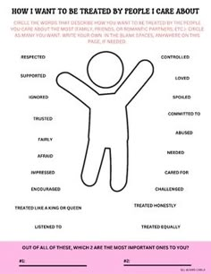 HOW I WANT TO BE TREATED BY THE PEOPLE I CARE ABOUTSEL ACTIVITY SEL COMPETENCIES: RELATIONSHIP SKILLS, SELF-AWARENESSTHIS QUICK HEALTHY RELATIONSHIPS ACTIVITY CAN BE DONE IN A SMALL GROUP COUNSELING OR INDIVIDUAL COUNSELING ENVIRONMENT. THE ACTIVITY HELPS TEENS FOCUS ON THE QUALITIES THEY WANT IN THEIR RELATIONSHIPS - WHETHER IT'S IN THEIR ROMANTIC OR PLATONIC RELATIONSHIPS. TEENS DON'T OFTEN TAKE THE TIME TO CONSIDER WHAT IS HEALTHY VS. UNHEALTHY IN THEIR RELATIONSHIPS AND WHICH QUALITIES THEY VALUE OVER OTHERS. THIS ACTIVITY TAKES ABOUT 10 MINUTES OR LESS TO COMPLETE AND CAN BE USED AS THE OPENING ACTIVITY FOR A MORE IN-DEPTH CONVERSATION OR LESSON ABOUT HEALTHY RELATIONSHIPS. I USE THIS SAME ACTIVITY WITH MY STUDENTS IN BOTH 1 ON 1 AND GROUP COUNSELING SETTINGS. ENJOY! :)- CARLA Relationship Activities Therapy, Healthy Vs Unhealthy Relationships Activities, Healthy Vs Unhealthy Relationships Worksheets, Healthy Relationships Activity, Group Counseling Activities For Teens, Teen Group Therapy Activities, Family Counseling Activities, Values Activity, Couples Counseling Activities