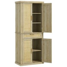 a wooden cabinet with two doors and shelves