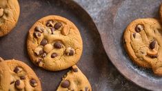 chocolate chip cookies with peanut butter and sea salt on a baking pan, ready to be eaten