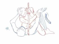 a drawing of a person sitting on the ground holding a pole with their hands behind them