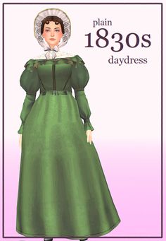 a woman in a green dress and bonnet with the words plain 1380s daydress