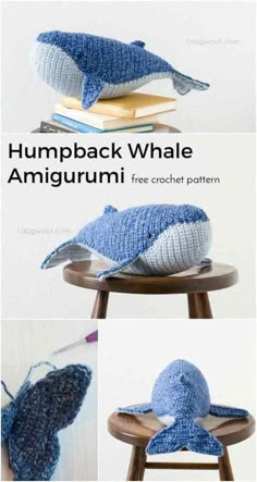 a blue whale hat sitting on top of a wooden chair