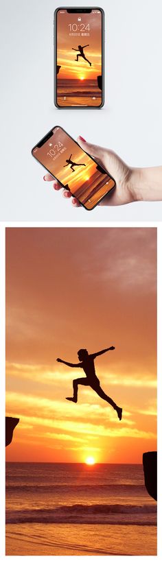 two images show the same person jumping in the air with their cell phone, and another shows an image of a sunset