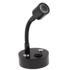 a desk lamp that is on top of a black stand and has a light attached to it