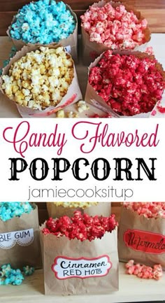 candy - flavored popcorn in paper bags with the title, candy - flavored popcorn jamie