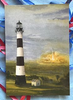 an oil painting of a lighthouse with a rocket in the background