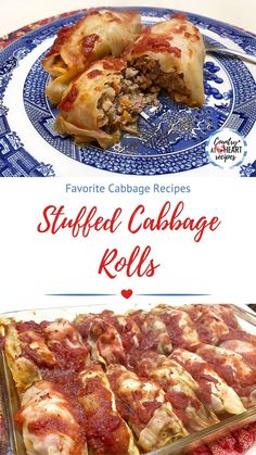 stuffed cabbage rolls on a blue and white plate with the words stuffed cabbage rolls below