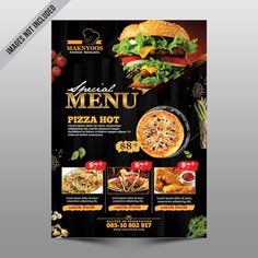 a restaurant menu with an image of a pizza