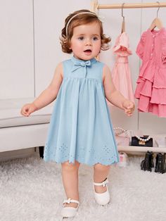 Baby Girl Sleeveless Dress With Bow Sash, Elegant And Cute Blue   Sleeveless Woven Fabric Plain Smock Non-Stretch  Baby Girls Clothing, size features are:Bust: ,Length: ,Sleeve Length: White Baby Dress, Baby Girls Dresses, Baby Party Dress, Bow Sash, Tea Party Dress, Elegant Baby, Baby Outfit, Dresses Uk, Book Decor