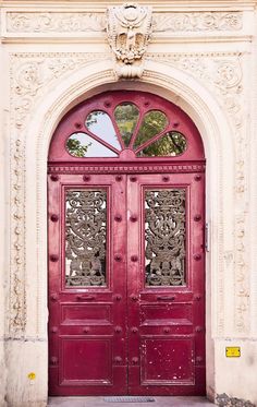 a red door with ornate carvings on it