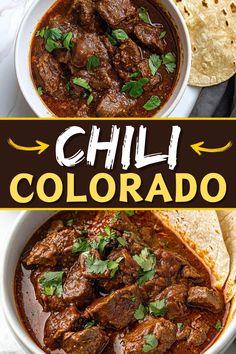 two bowls filled with chili beef and tortilla bread on top of a table