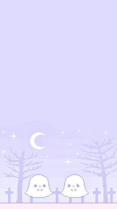 two little ghostes sitting in front of a fence with the moon and stars above them