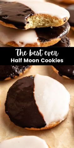 the best ever half moon cookies with chocolate icing and white frosting on top